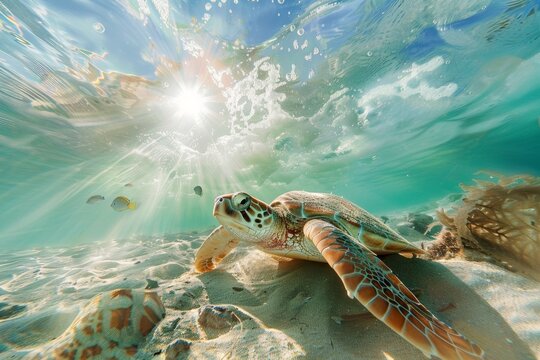 Close-up tortuga marina nadando con los rayos del sol de fondo, tortuga en el fondo del mar en libertad, snorkel con fauna marina, Divertida sesi&oacute;n de fotos con una tortuga 