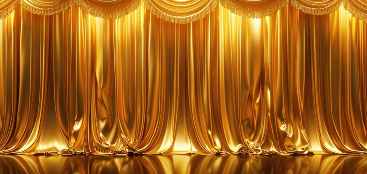 Golden yellow curtain cascading as a backdrop, emphasizing the luxurious ambiance and sophistication focus on, sophisticated ambiance, realistic, Multilayer, ballroom stage