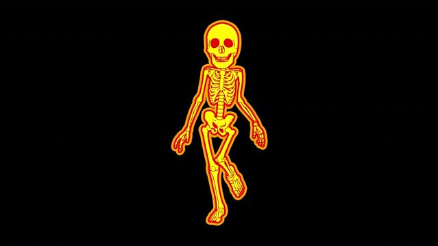Seamless animation of a walking skeleton isolated with alpha channel. Funny halloween background with cartoon illustration effect for parties and events.