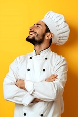 Naklejka premium Portrait of young chef, smile, half body, European, side view, isolated, basic yellow background