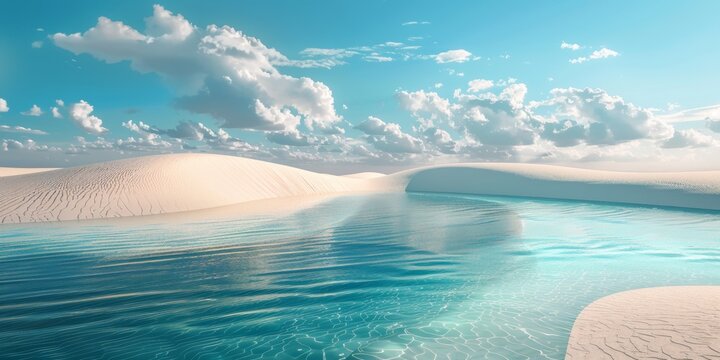 Desierto inundado, aguas cristalinas y arena blanca, fondo de pantalla paisaje minimalista y on&iacute;rico Frutiger Aero