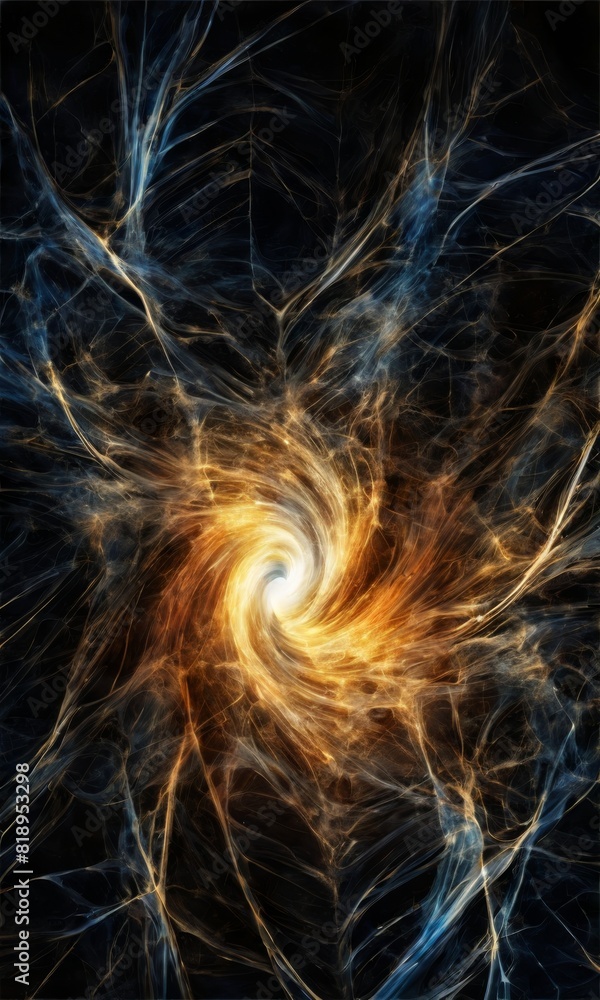 Poster dynamic stock image featuring a fractal design with electric blue and warm golden tones, resembling 