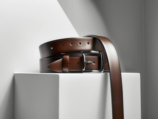 A brown leather belt with a silver buckle displayed on a white pedestal. Created with Generative AI.