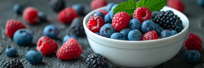 White bowl filled with a variety of fresh berries and raspberries