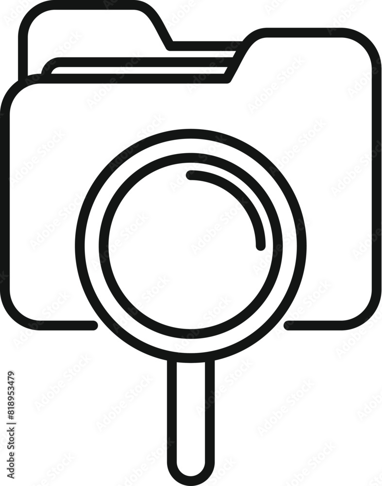Poster black and white line art of a magnifying glass over a folder, representing search or find document c