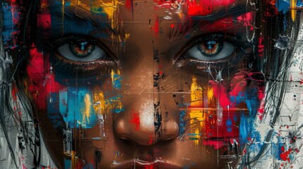 Abstract portrait fusing traditional painting and digital art, featuring fragmented face with bold colors, geometric shapes, and textured background.