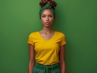 Vibrant green t-shirt with 'YOUR DESIGN HERE' text, casually knotted in a stylish flat lay composition.