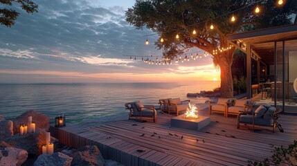 A beautiful beach scene with a house and a fire pit