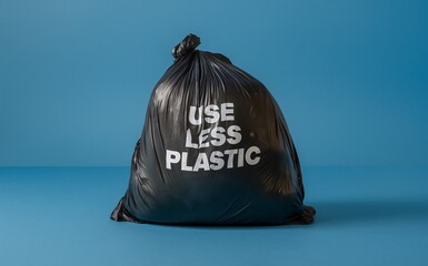 Naklejka premium Black plastic bag on a blue background and the inscription Use less plastic