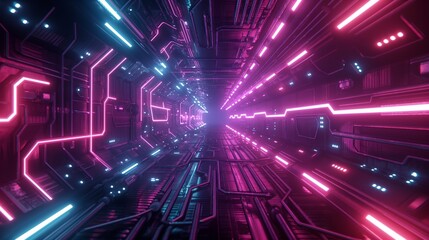 A labyrinth of circuitry and wires illuminated by pulsing neon lights, creating an otherworldly network of interconnected pathways. 32k, full ultra hd, high resolution