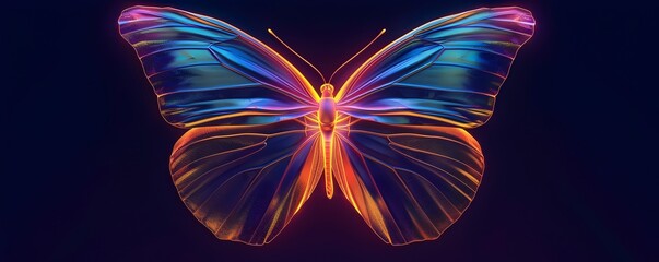 Fototapeta premium Mesmerizing Neon Butterfly Metallic Wings Shimmering in the Dark Evoking a Surreal Transformation