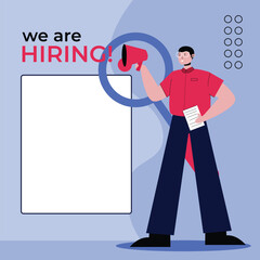 poster template for a job advertisement, with the words we are hiring and a man carrying a megaphone