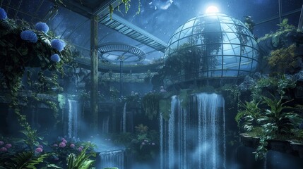 A lavish botanical garden suspended in mid-air, with cascading waterfalls and exotic flora flourishing under a glass dome, basking in the glow of ethereal moonlight.