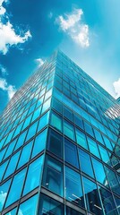 Fototapeta premium Sky reflecting into a glass skyscraper, seen from below