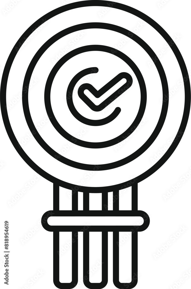 Poster line art style icon representing goal success with a checkmark at the center of a target and arrows