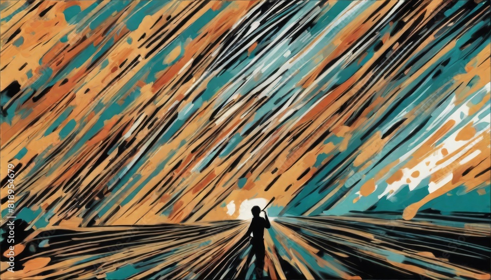Poster silhouette of a person against bold, abstract streaks of color and dynamic brush strokes.. ai genera