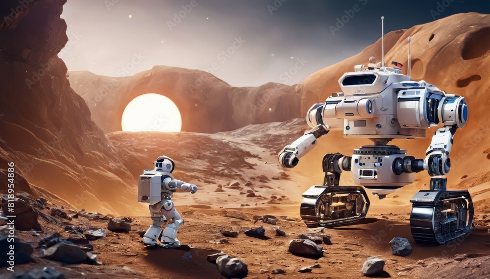 Poster render of a humanoid robot and rover on mars, exploring the rocky surface against the backdrop of a 