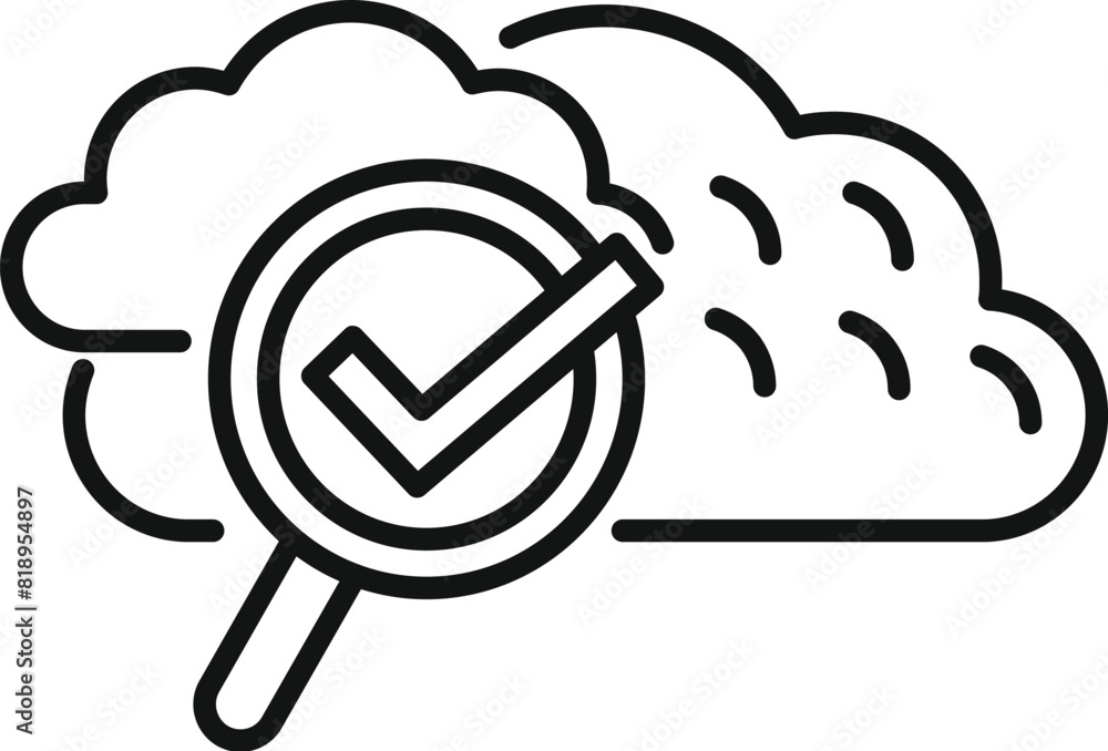 Poster line art icon representing cloud computing security and data verification with a magnifying glass an