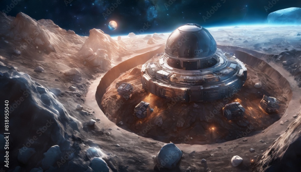 Poster an imaginative rendering of a domed lunar base nestled in a moon crater, with earth in the distant b