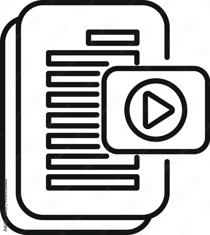 Poster black and white line art icon depicting a document with a play button, symbolizing an online course 