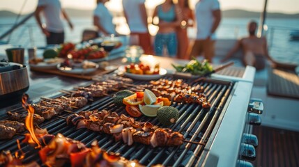 A group of people are gathered around a grill with a variety of food on it