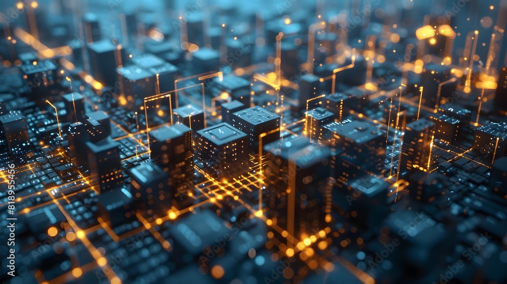 Poster a network of interconnected blocks forming the foundation of a digital cityscape, symbolizing the po