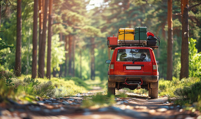 A red SUV laden with luggage atop its roof embarks on a journey down a forest road, signaling a family's summer beach holiday, promising adventure and relaxation ahead.