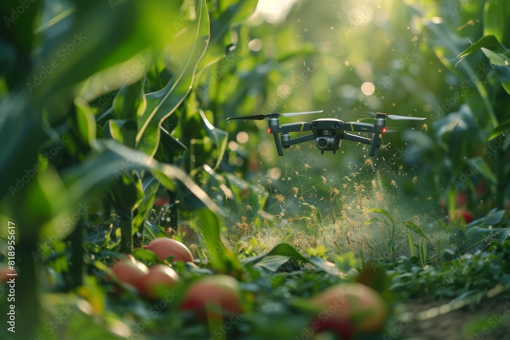 Aufkleber advanced precision farming with drone technology, employing smart farming techniques in an isometric