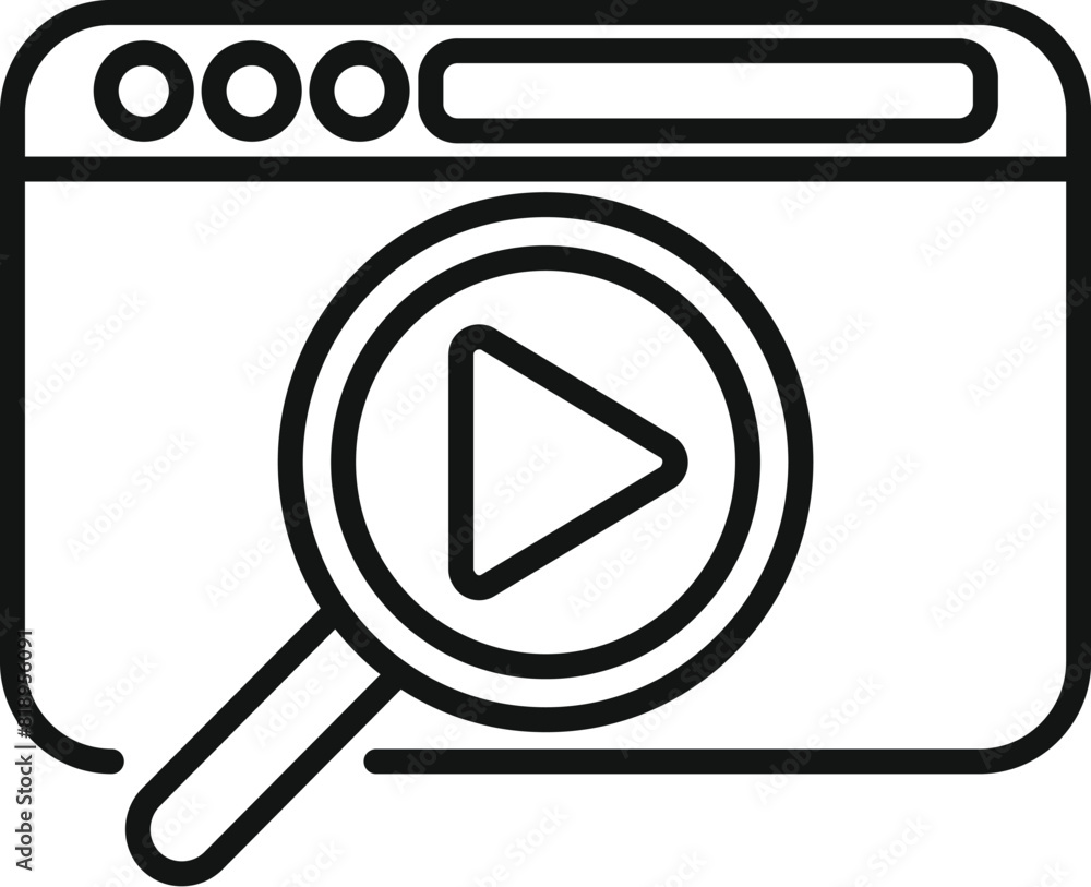 Aufkleber black and white line art of a magnifying glass on a web browser with a video play button