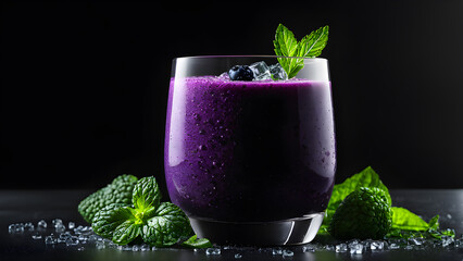 a glass of purple juice with mint leaves and mint leaves.