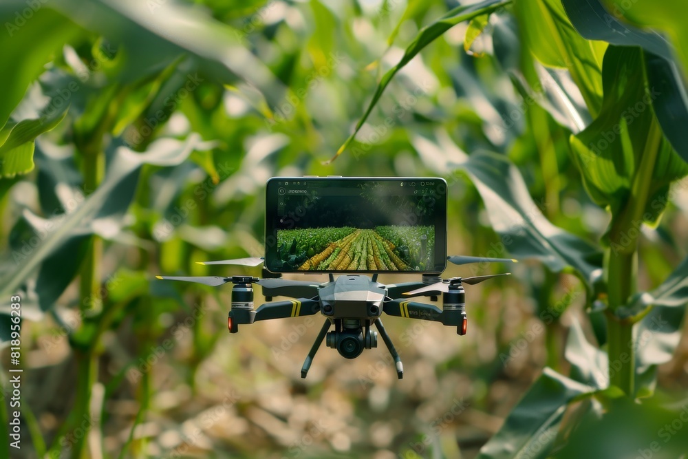Poster enhanced agricultural productivity with advanced drone technology, employing smart farming technique