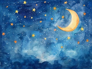 Soft watercolor painting of crescent moon and stars in dreamy night sky, ideal for nursery decor.