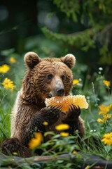 Obraz premium bear eats honey on the background of nature. Selective focus