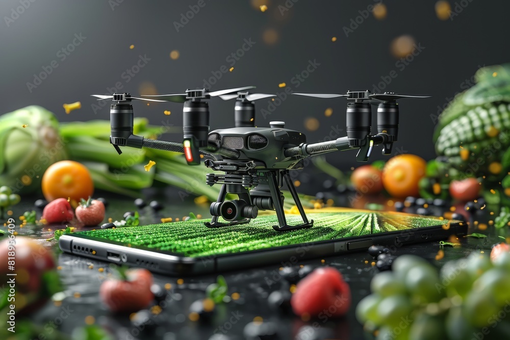 Poster sustainable farming with precision crop management, utilizing advanced drone technology and smart fa