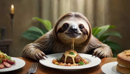 Obraz premium An adorable sloth savoring a gourmet meal at a candlelit table, evoking a cozy dining atmosphere.