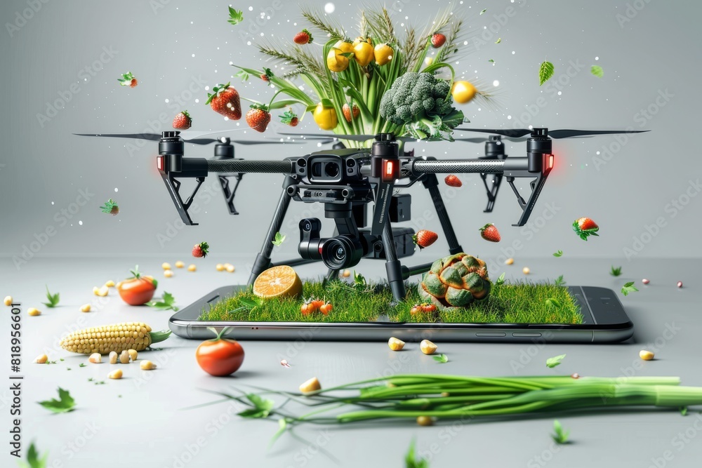 Poster agricultural productivity with advanced drone technology, employing smart farming techniques in an i