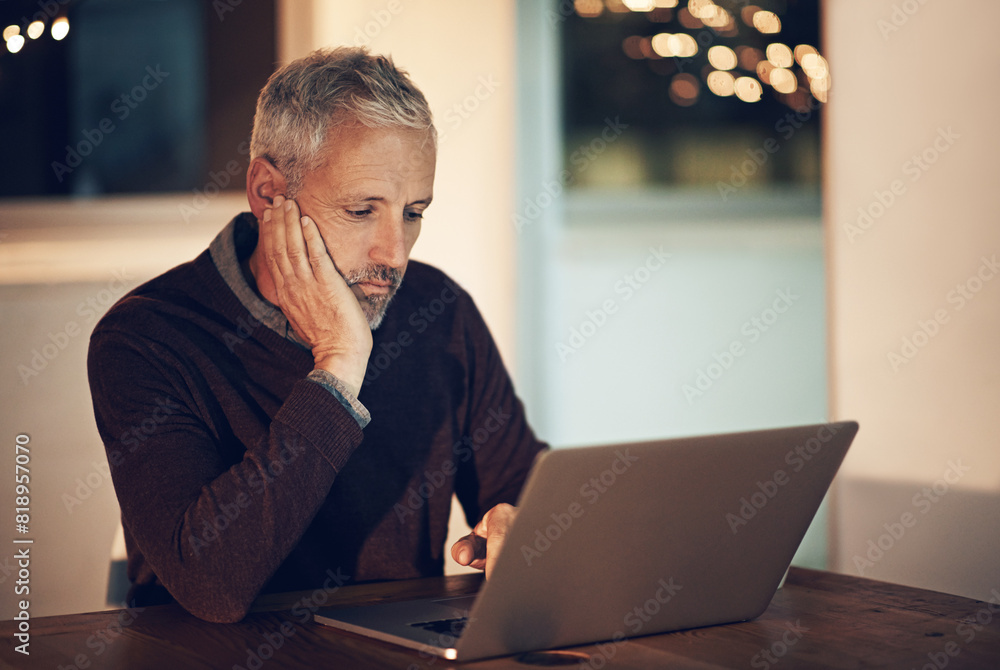 Poster Male programmer, working and laptop in home at night for career, planning for coding or programming. Mature man, dark and house with computer for job with code, thinking with idea for website