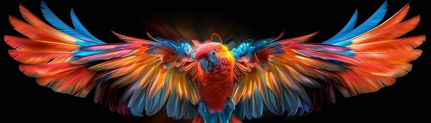 Fototapeta premium Vibrant macaw with colorful wings fully spread against a dark background, showcasing its stunning feather details in bright shades.