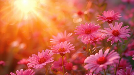   Pink flowers fill a field under sunny skies