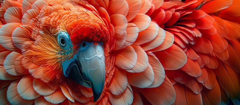 Close-up vibrant photo of a red and orange parrot with intricate feathers and a striking beak, showcasing detailed texture and sharp colors.