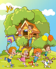 Vector illustration of children playing in tree house.