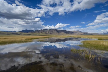 Fototapeta premium Reflective journey through ancient Camazotz range at dusk, hyper-realistic with blurred, grungy imagery.