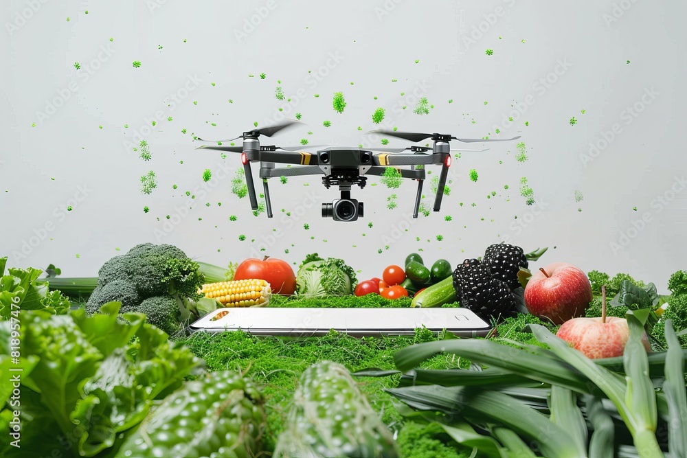 Poster advanced drone technology in sustainable farming, utilizing smart farming techniques for precision c