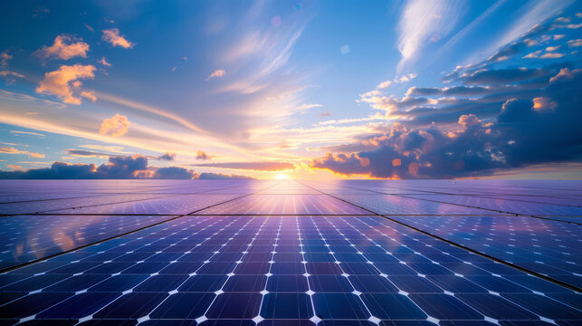 ast solar panel array basks under a vibrant sunset, with the sky painted in hues of orange, pink, and blue. The scene highlights renewable energy and the transition to sustainable power sources