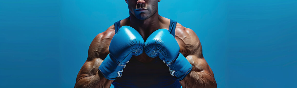 male boxer in a blue T-shirt, shorts and gloves, standing on a bright blue background. Bener's concept for Olympic amateur boxing