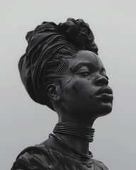 Mysterious femme fatale statue holding Sweet and Sour Pork, modern grey with Benin Kingdom influence, enigmatically animated.