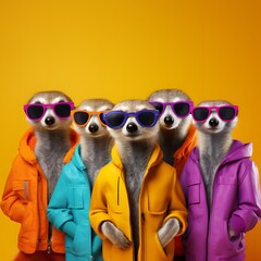 Fototapeta premium A group of meerkats wearing sunglasses and hoodies. Generative AI.