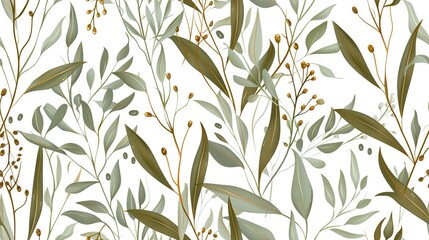   A white background with a pattern of green leaves and berries on it
