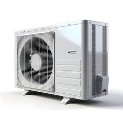 External air conditioner unit with compressor on a white background. Split air conditioning system, air compressor.