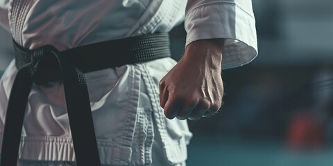 Martial arts master posing with black belt on black background for advertising Karate man standing...